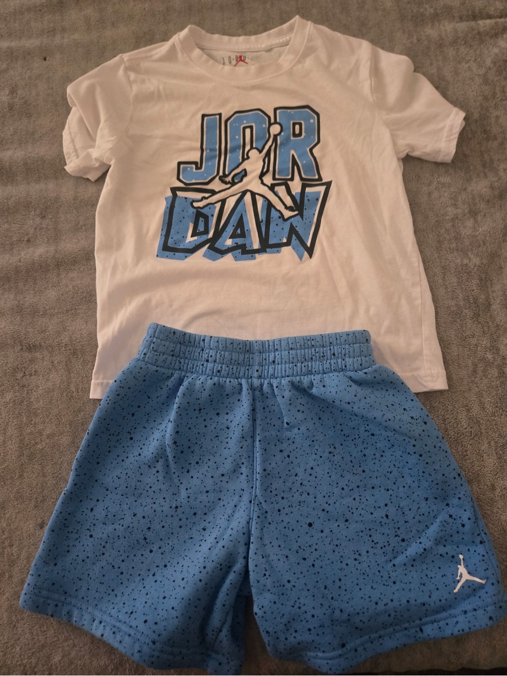 Jordan Kids White Tee with Light Blue Speckled Shorts
